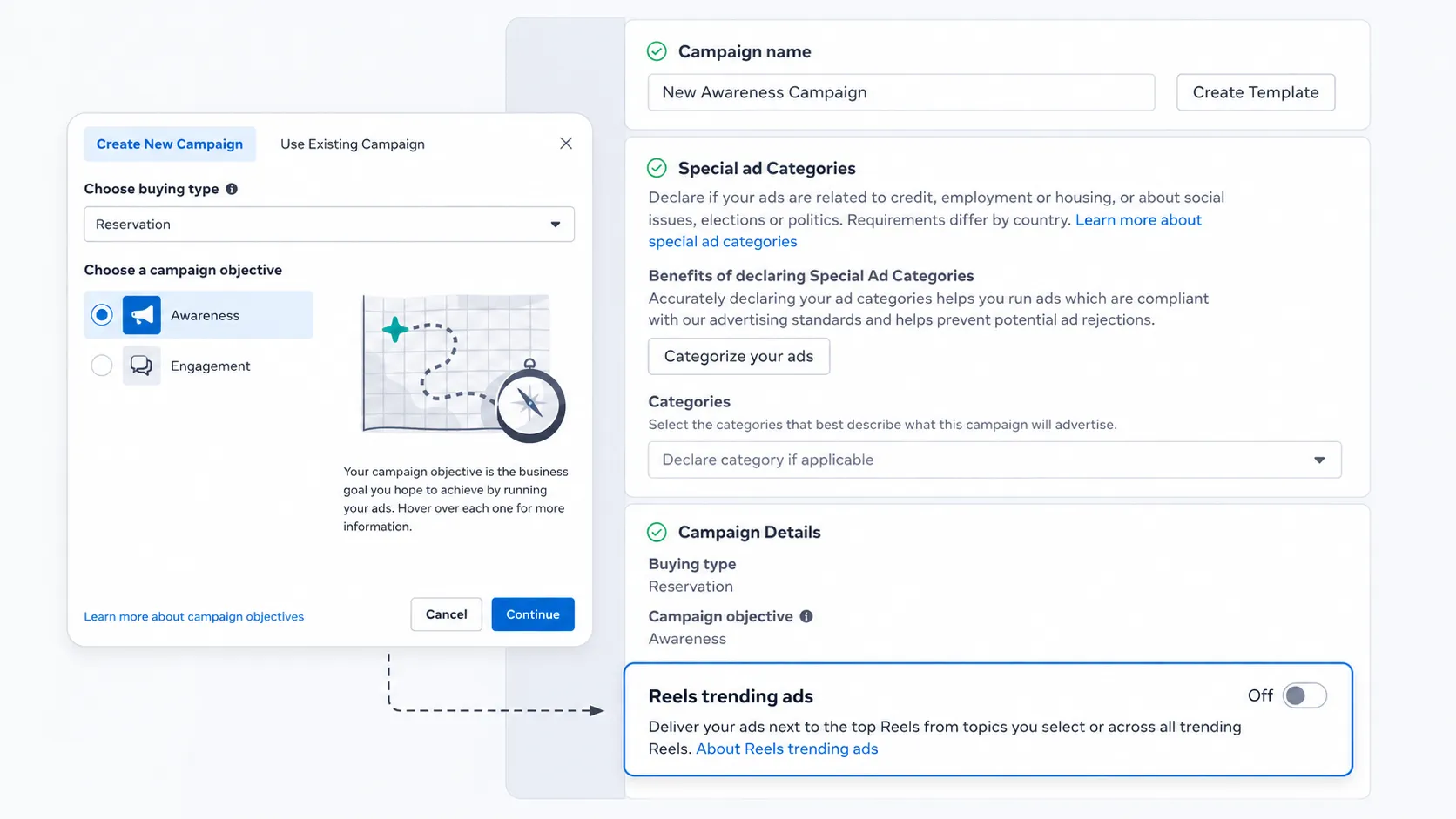 Meta Ads Manager campaign setup showing Reservation buying type, Awareness objective, and the Reels Trending Ads option.