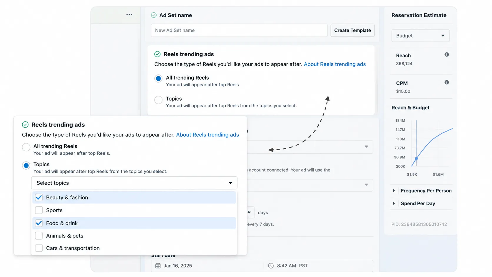 Meta Ads Manager Reels Trending Ads settings showing options to place ads after all trending Reels or select specific topics such as Beauty & Fashion and Food & Drink.
